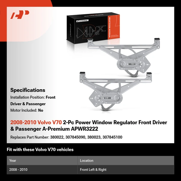 2008-2010 Volvo V70 2-Pc Power Window Regulator Front Driver & Passenger A-Premium APWR3222