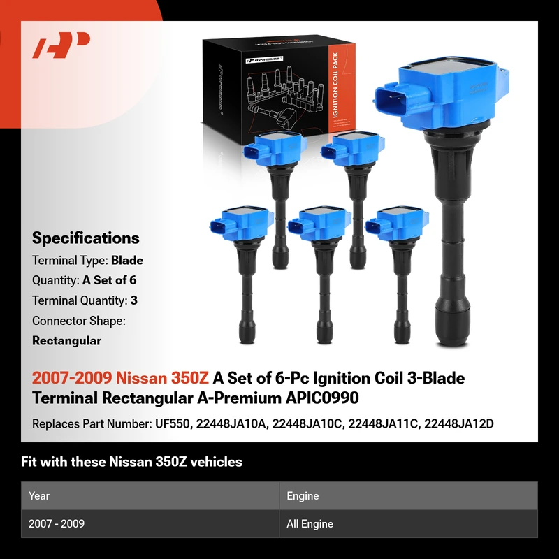 2007-2009 Nissan 350Z A Set of 6-Pc Ignition Coil 3-Blade Terminal Rectangular A-Premium APIC0990