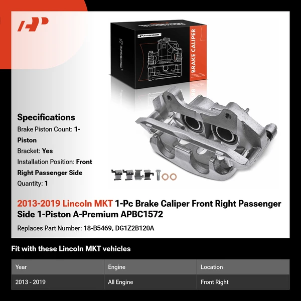 2013-2019 Lincoln MKT 1-Pc Brake Caliper Front Right Passenger Side 1-Piston A-Premium APBC1572