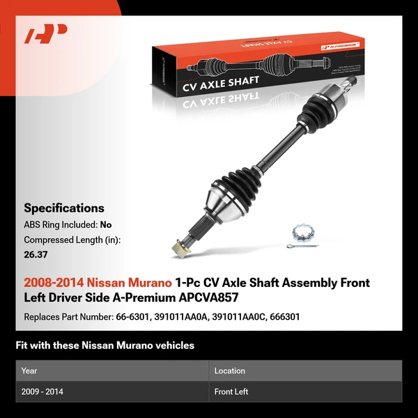 2008-2014 Nissan Murano 1-Pc CV Axle Shaft Assembly Front Left Driver Side A-Premium APCVA857