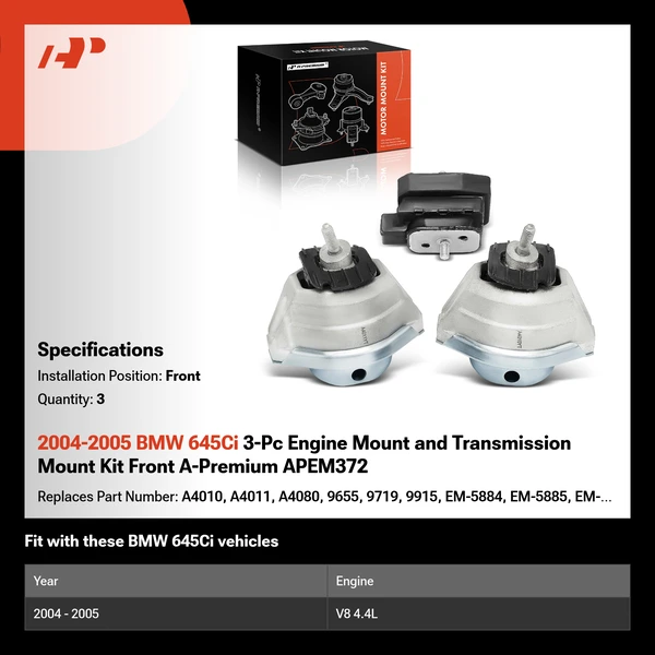 2004-2005 BMW 645Ci 3-Pc Engine Mount and Transmission Mount Kit Front A-Premium APEM372