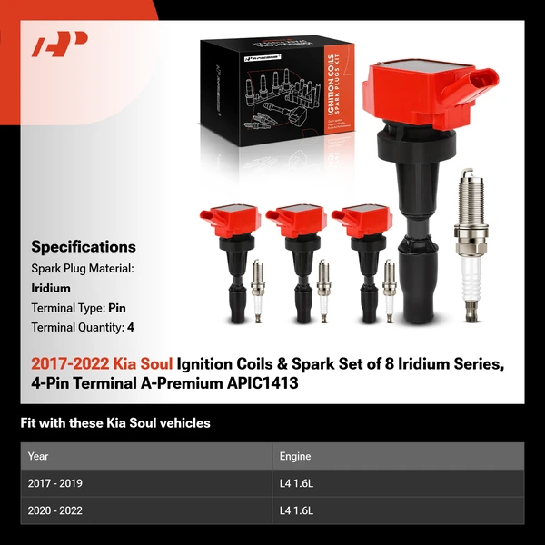 2017-2022 Kia Soul Ignition Coils & Spark Set of 8 Iridium Series, 4-Pin Terminal A-Premium APIC1413