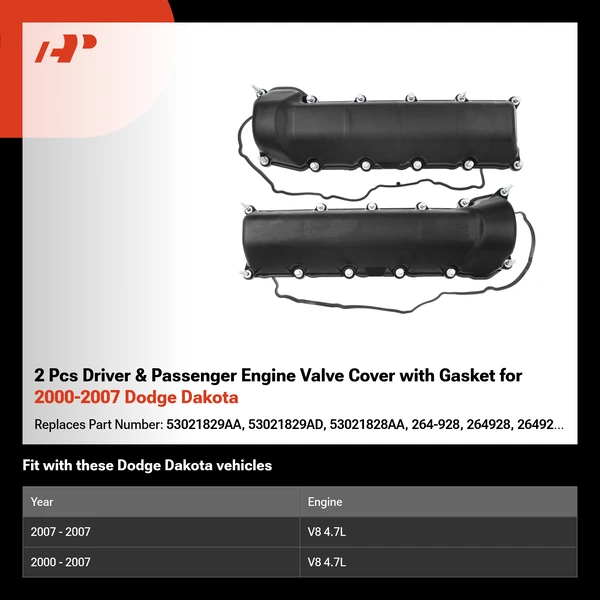 2 Pcs Driver & Passenger Engine Valve Cover with Gasket for 2000-2007 Dodge Dakota