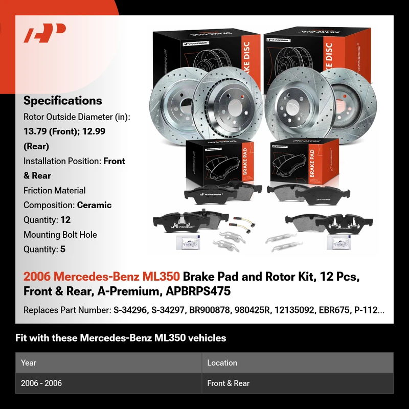 2006 Mercedes-Benz ML350 Brake Pad and Rotor Kit, 12 Pcs, Front & Rear, A-Premium, APBRPS475