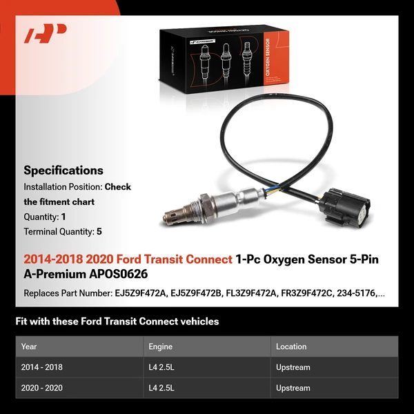 2014-2018 2020 Ford Transit Connect 1-Pc Oxygen Sensor 5-Pin A-Premium APOS0626