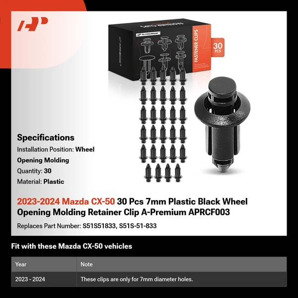 2023-2024 Mazda CX-50 30 Pcs 7mm Plastic Black Wheel Opening Molding Retainer Clip A-Premium APRCF003
