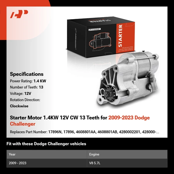 Starter Motor 1.4KW 12V CW 13 Teeth for 2009-2023 Dodge Challenger