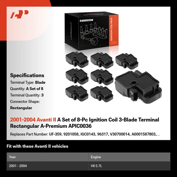 2001-2004 Avanti II A Set of 8-Pc Ignition Coil 3-Blade Terminal Rectangular A-Premium APIC0036
