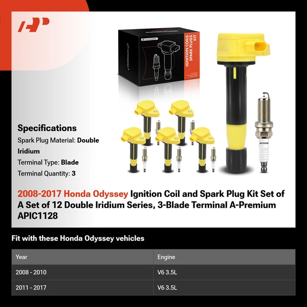 2008-2017 Honda Odyssey Ignition Coil and Spark Plug Kit Set of A Set of 12 Double Iridium Series, 3-Blade Terminal A-Premium APIC1128
