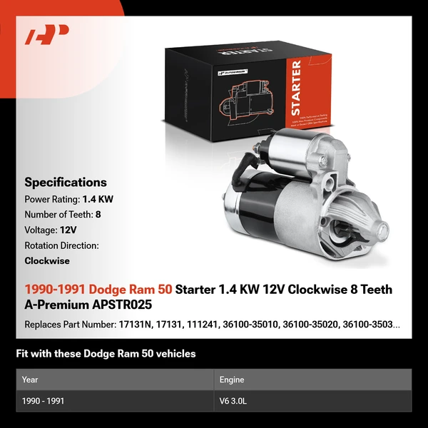 1990-1991 Dodge Ram 50 Starter 1.4 KW 12V Clockwise 8 Teeth A-Premium APSTR025