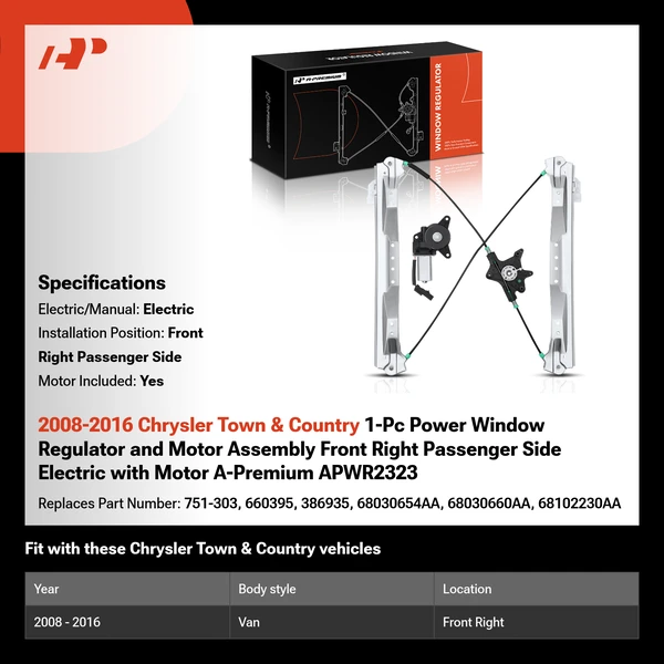 2008-2016 Chrysler Town & Country 1-Pc Power Window Regulator and Motor Assembly Front Right Passenger Side Electric with Motor A-Premium APWR2323