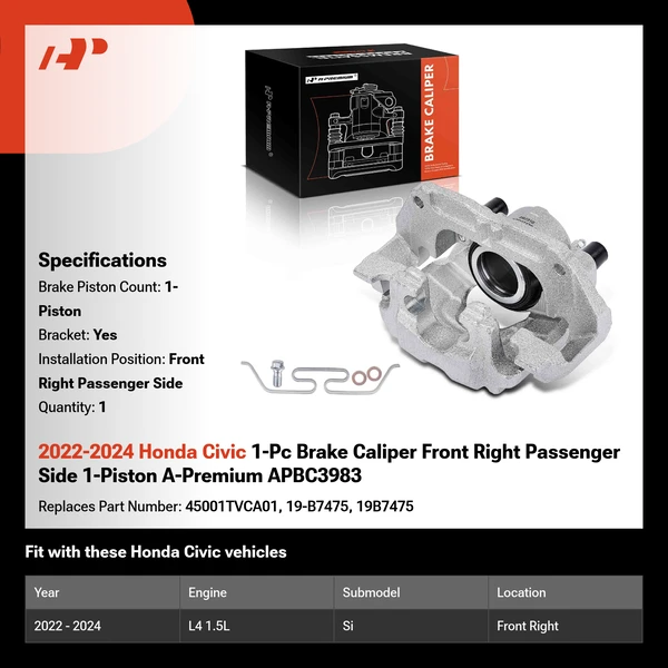 2022-2024 Honda Civic 1-Pc Brake Caliper Front Right Passenger Side 1-Piston A-Premium APBC3983
