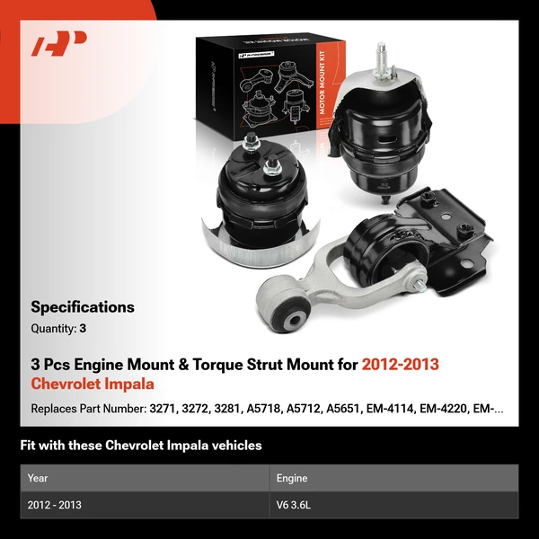 3 Pcs Engine Mount & Torque Strut Mount for 2012-2013 Chevrolet Impala