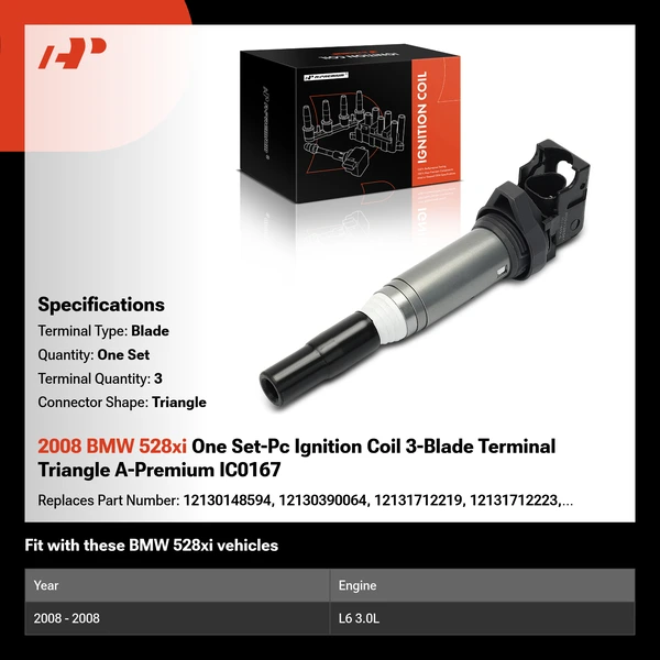 2008 BMW 528xi One Set-Pc Ignition Coil 3-Blade Terminal Triangle A-Premium IC0167