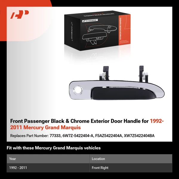 Front Passenger Black & Chrome Exterior Door Handle for 1992-2011 Mercury Grand Marquis