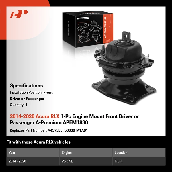 2014-2020 Acura RLX 1-Pc Engine Mount Front Driver or Passenger A-Premium APEM1830