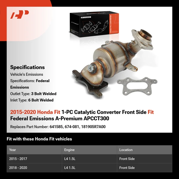 2015-2020 Honda Fit 1-PC Catalytic Converter Front Side Fit Federal Emissions A-Premium APCCT300