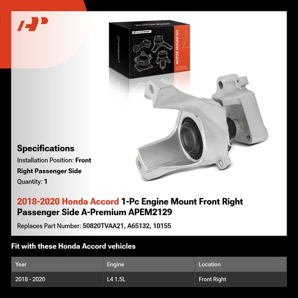 2018-2020 Honda Accord 1-Pc Engine Mount Front Right Passenger Side A-Premium APEM2129