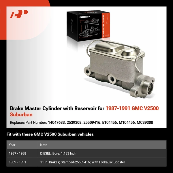 Brake Master Cylinder with Reservoir for 1987-1991 GMC V2500 Suburban