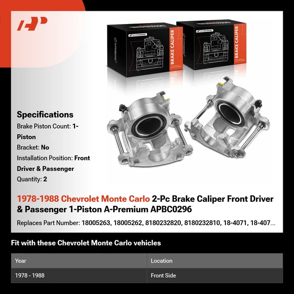 1978-1988 Chevrolet Monte Carlo 2-Pc Brake Caliper Front Driver & Passenger 1-Piston A-Premium APBC0296