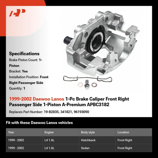 1999-2002 Daewoo Lanos 1-Pc Brake Caliper Front Right Passenger Side 1-Piston A-Premium APBC3182