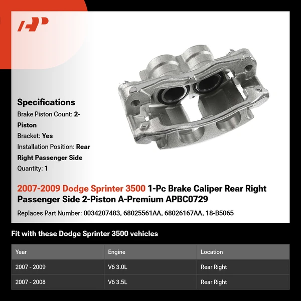 2007-2009 Dodge Sprinter 3500 1-Pc Brake Caliper Rear Right Passenger Side 2-Piston A-Premium APBC0729