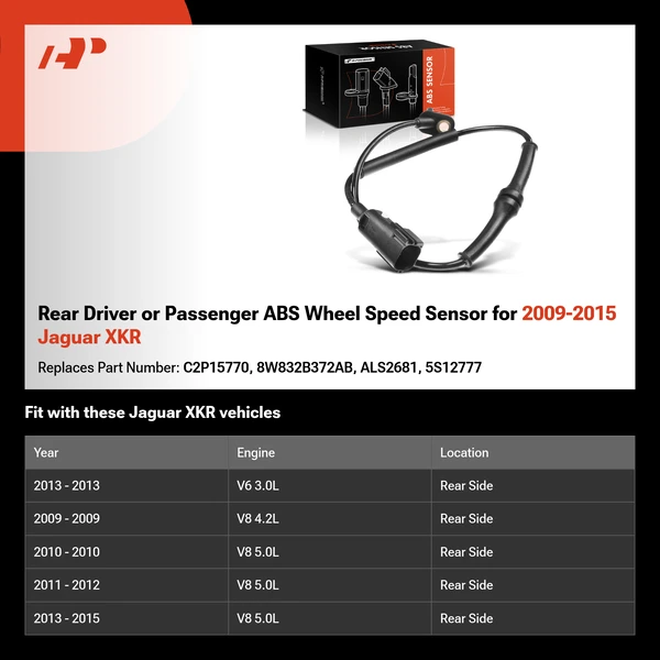 Rear Driver or Passenger ABS Wheel Speed Sensor for 2009-2015 Jaguar XKR