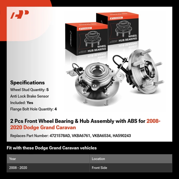 2 Pcs Front Wheel Bearing & Hub Assembly with ABS for 2008-2020 Dodge Grand Caravan