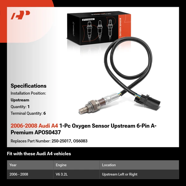 2006-2008 Audi A4 1-Pc Oxygen Sensor Upstream 6-Pin A-Premium APOS0437