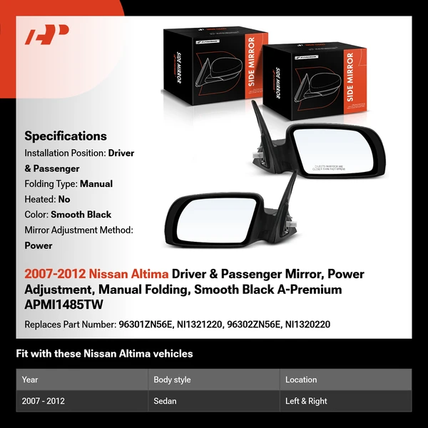 2007-2012 Nissan Altima Driver & Passenger Mirror, Power Adjustment, Manual Folding, Smooth Black A-Premium APMI1485TW
