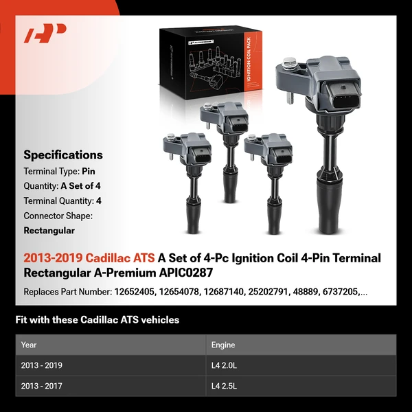2013-2019 Cadillac ATS A Set of 4-Pc Ignition Coil 4-Pin Terminal Rectangular A-Premium APIC0287