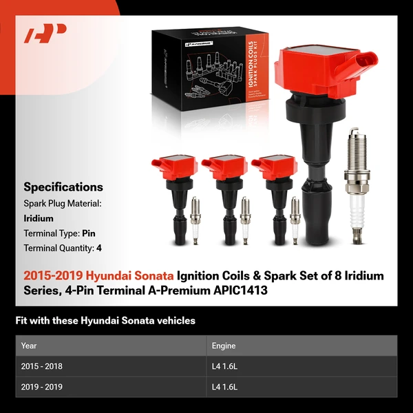 2015-2019 Hyundai Sonata Ignition Coils & Spark Set of 8 Iridium Series, 4-Pin Terminal A-Premium APIC1413