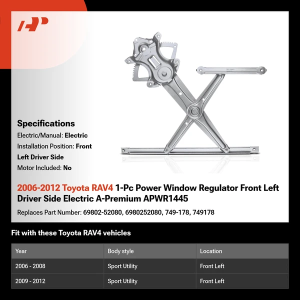 2006-2012 Toyota RAV4 1-Pc Power Window Regulator Front Left Driver Side Electric A-Premium APWR1445