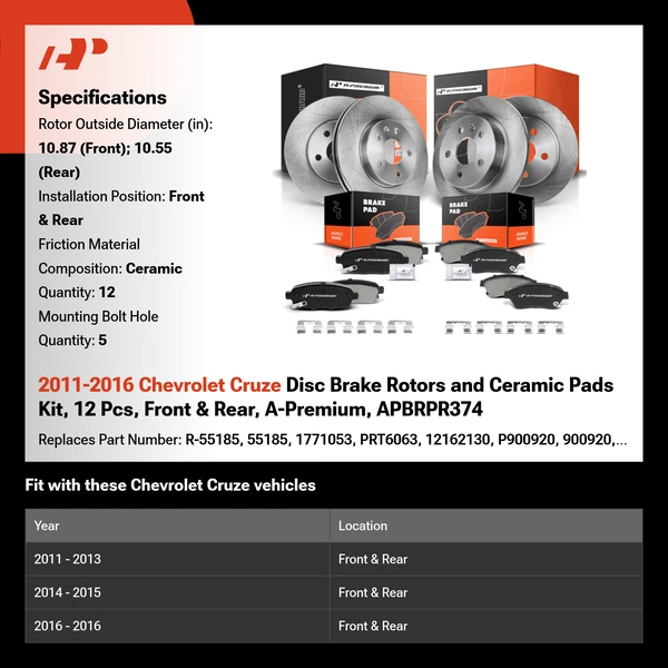 2011-2016 Chevrolet Cruze Disc Brake Rotors and Ceramic Pads Kit, 12 Pcs, Front & Rear, A-Premium, APBRPR374