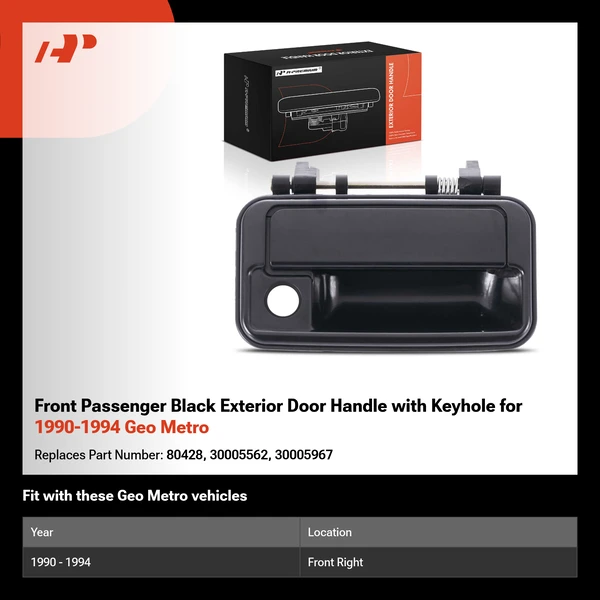 Front Passenger Black Exterior Door Handle with Keyhole for 1990-1994 Geo Metro