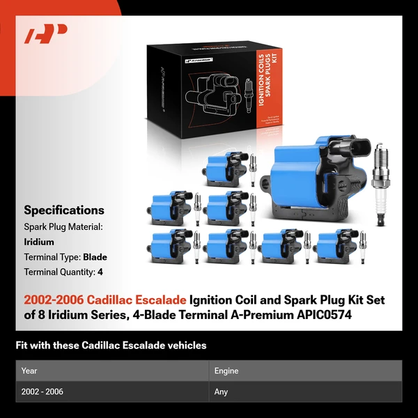 2002-2006 Cadillac Escalade Ignition Coil and Spark Plug Kit Set of 8 Iridium Series, 4-Blade Terminal A-Premium APIC0574