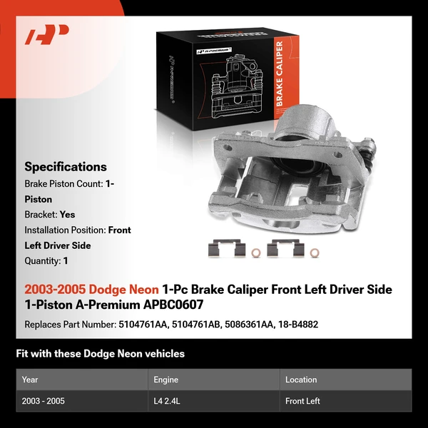 2003-2005 Dodge Neon 1-Pc Brake Caliper Front Left Driver Side 1-Piston A-Premium APBC0607