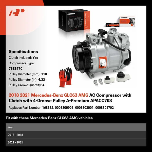 2018 2021 Mercedes-Benz GLC63 AMG AC Compressor with Clutch with 4-Groove Pulley A-Premium APACC703