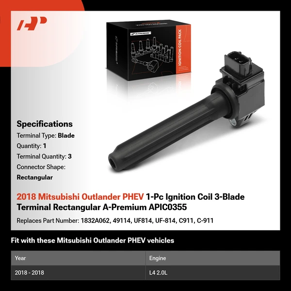 2018 Mitsubishi Outlander PHEV 1-Pc Ignition Coil 3-Blade Terminal Rectangular A-Premium APIC0355