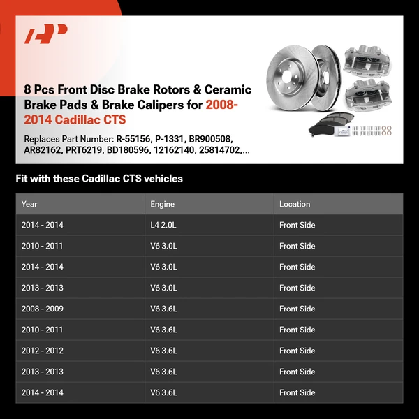 8 Pcs Front Disc Brake Rotors & Ceramic Brake Pads & Brake Calipers for 2008-2014 Cadillac CTS