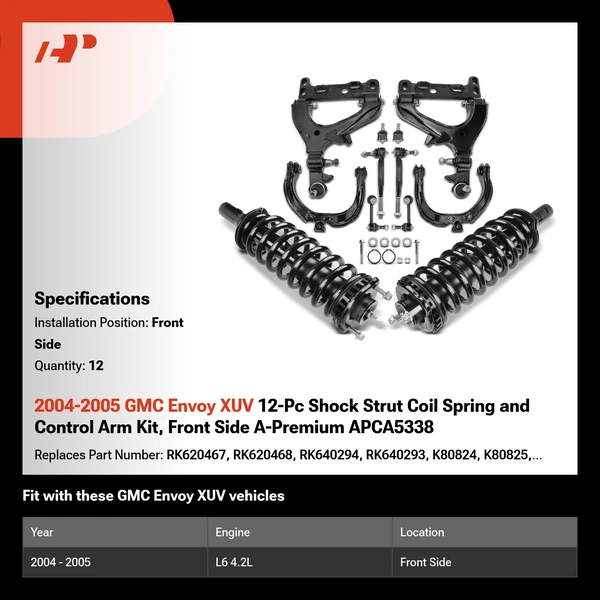 2004-2005 GMC Envoy XUV 12-Pc Shock Strut Coil Spring and Control Arm Kit, Front Side A-Premium APCA5338