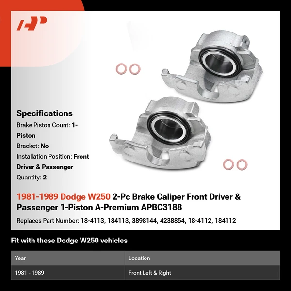 1981-1989 Dodge W250 2-Pc Brake Caliper Front Driver & Passenger 1-Piston A-Premium APBC3188