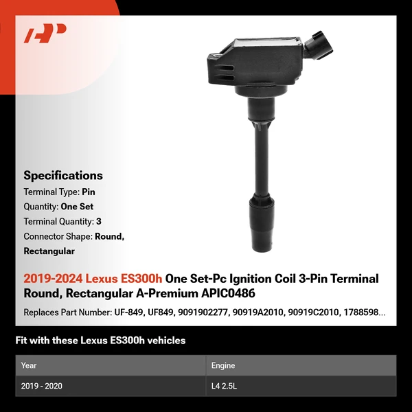 2019-2024 Lexus ES300h One Set-Pc Ignition Coil 3-Pin Terminal Round, Rectangular A-Premium APIC0486