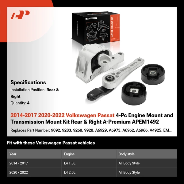 2014-2017 2020-2022 Volkswagen Passat 4-Pc Engine Mount and Transmission Mount Kit Rear & Right A-Premium APEM1492