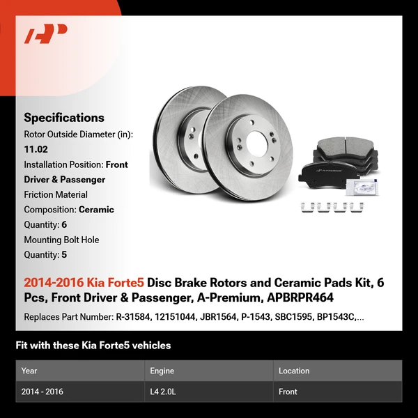 2014-2016 Kia Forte5 Disc Brake Rotors and Ceramic Pads Kit, 6 Pcs, Front Driver & Passenger, A-Premium, APBRPR464