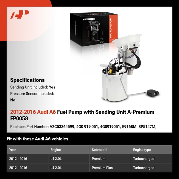 2012-2016 Audi A6 Fuel Pump with Sending Unit A-Premium FP0058