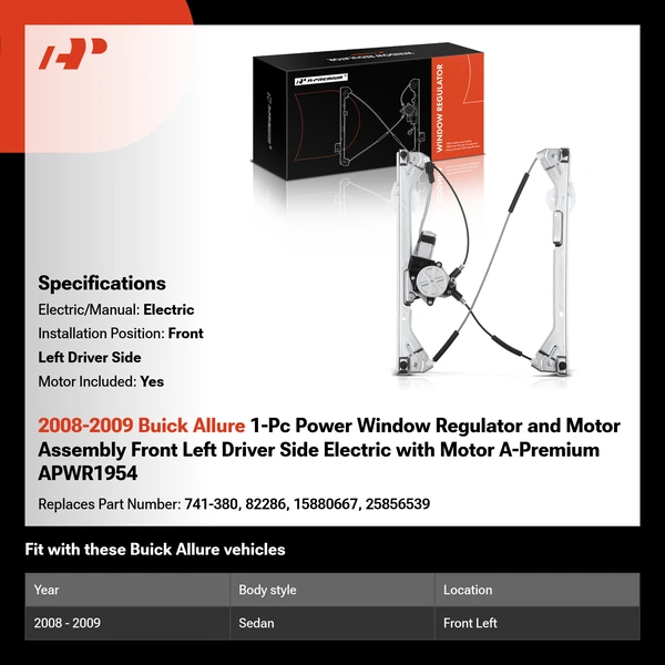 2008-2009 Buick Allure 1-Pc Power Window Regulator and Motor Assembly Front Left Driver Side Electric with Motor A-Premium APWR1954