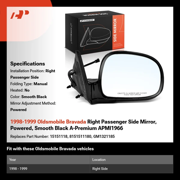1998-1999 Oldsmobile Bravada Right Passenger Side Mirror, Powered, Smooth Black A-Premium APMI1966
