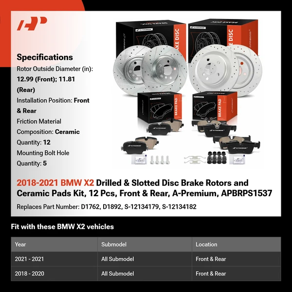 2018-2021 BMW X2 Drilled & Slotted Disc Brake Rotors and Ceramic Pads Kit, 12 Pcs, Front & Rear, A-Premium, APBRPS1537