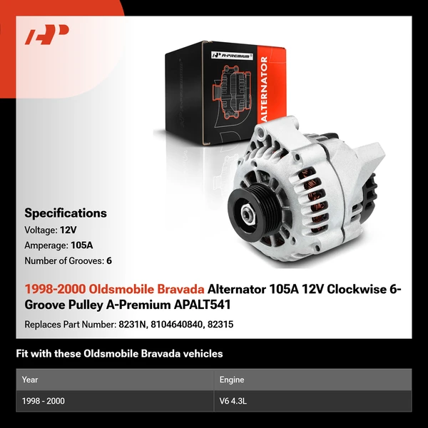 1998-2000 Oldsmobile Bravada Alternator 105A 12V Clockwise 6-Groove Pulley A-Premium APALT541